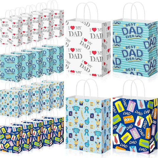 Gilprop 24 Pcs Father's Day Gift Bags Bulk Dad Party Supplies, 8 Inch Happy Father's Day Paper Treat Goodie Bags with Handle, Dad Ever Gifts Favors for Him Birthday Anniversary