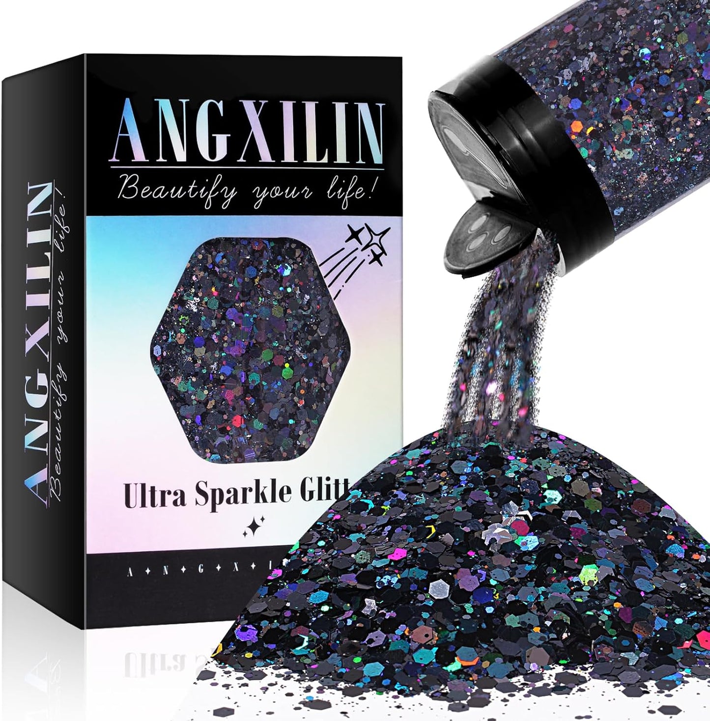 Holographic Chunky Glitter, 190g/6.7oz Chunky and Fine Mixed Craft Glitter, Bulk Laser Sequin Glitter for Face Body Nail Art,Epoxy Resin Tumbler Jewelry Making Glitter (Laser Black)