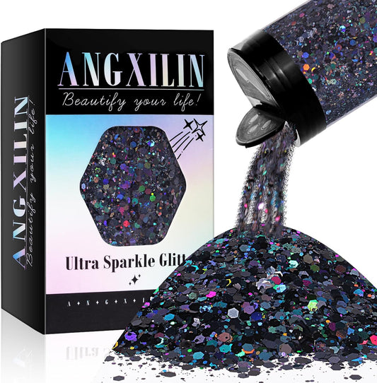 Holographic Chunky Glitter, 190g/6.7oz Chunky and Fine Mixed Craft Glitter, Bulk Laser Sequin Glitter for Face Body Nail Art,Epoxy Resin Tumbler Jewelry Making Glitter (Laser Black)