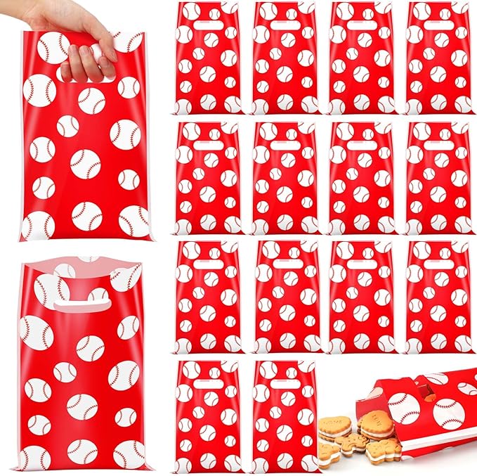 Frienda 100 Pcs Baseball Treat Bags with Handles, Red White Plastic Baseball Party Favors Bag Baseballs Snacks Bags for Candy Small Gifts, Team Events Birthday and Sports Celebrations Decorations
