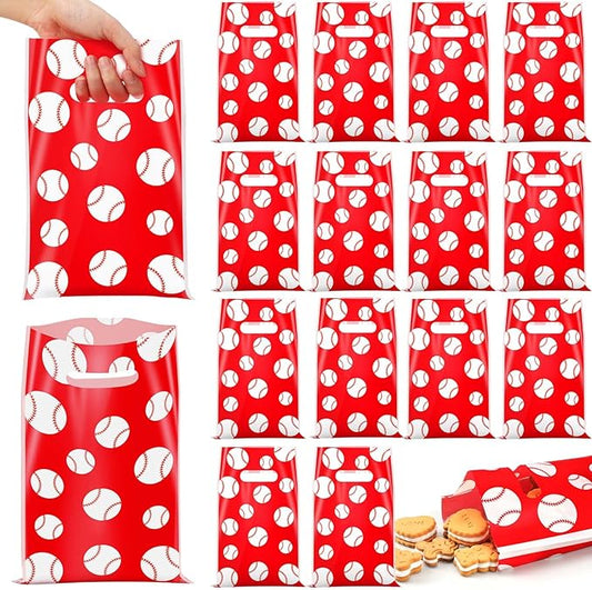 Frienda 100 Pcs Baseball Treat Bags with Handles, Red White Plastic Baseball Party Favors Bag Baseballs Snacks Bags for Candy Small Gifts, Team Events Birthday and Sports Celebrations Decorations