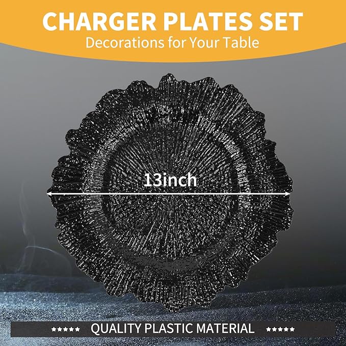 50 Pcs Black Charger Plates Bulk 13 Inch Plastic Charger Plates for Dinner Plate, Black Chargers for Table Setting, Reef Design Plate Floral Decorative Round Chargers for Wedding Party, Event