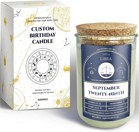 Birthday Candles - Custom Birthdate Astrological Zodiac Scented Candles. Astrology Gifts. All Natural Soy Wax. 75+ Hour Burn Time. Made in USA - September 29