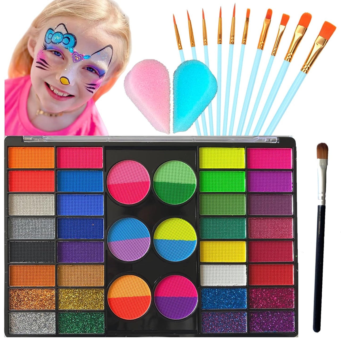 Face Painting Kit for Kids, 44 Colors Professional Face Paint Makeup Kit Non-Toxic Water Activated Facepaint Palette with Brush, Sponge, for Party Halloween (44 Colors)