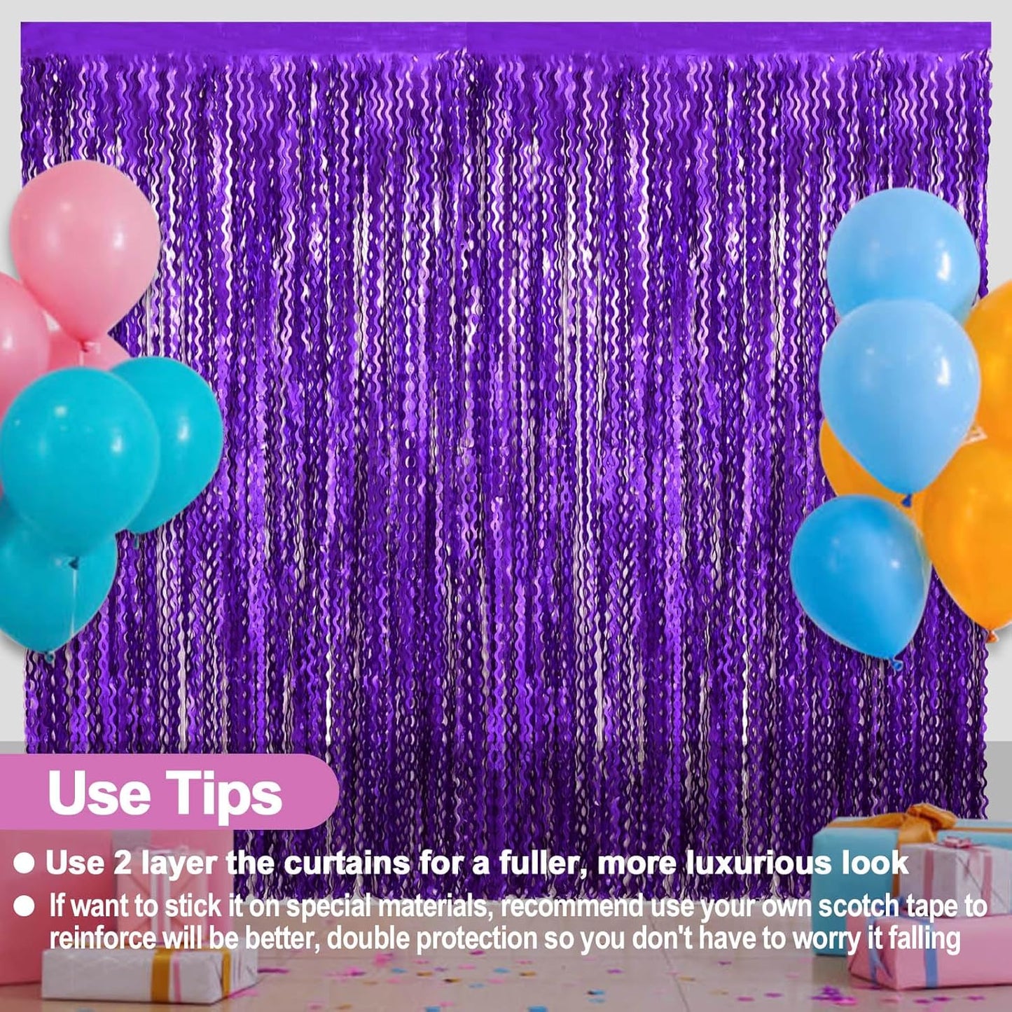 4 Pack Purple Fringe Curtain Backdrop 3.2Ft x 8.2Ft Metallic Tinsel Foil Fringe Streamers Background for Photo Booth Mother's Day, Easter, Carnival, Birthday, Wedding Party Decoration