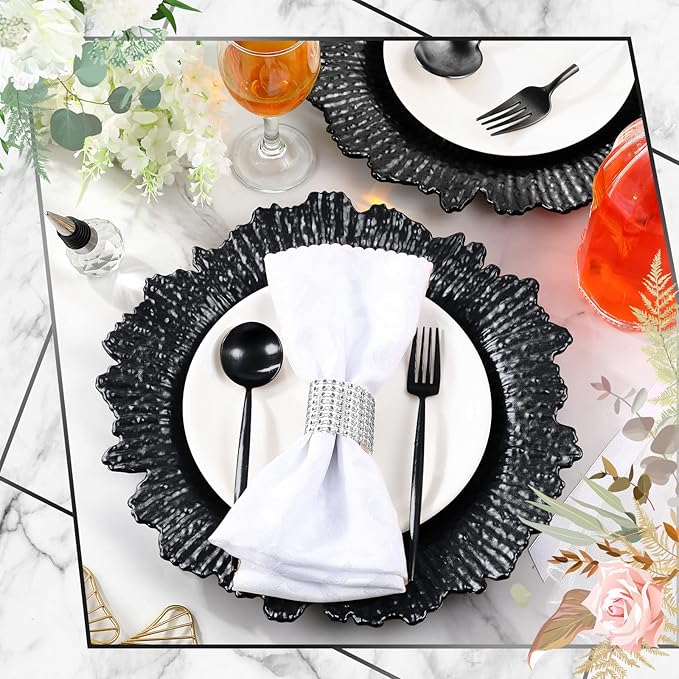 Rtteri 50 Pcs 13 Inch Charger Plates Bulk, Plastic Charger Plates with Floral Reef Design, Round Ruffled Rim Decorative Dinner Tableware for Wedding, Party, Event Table Decor(Black)