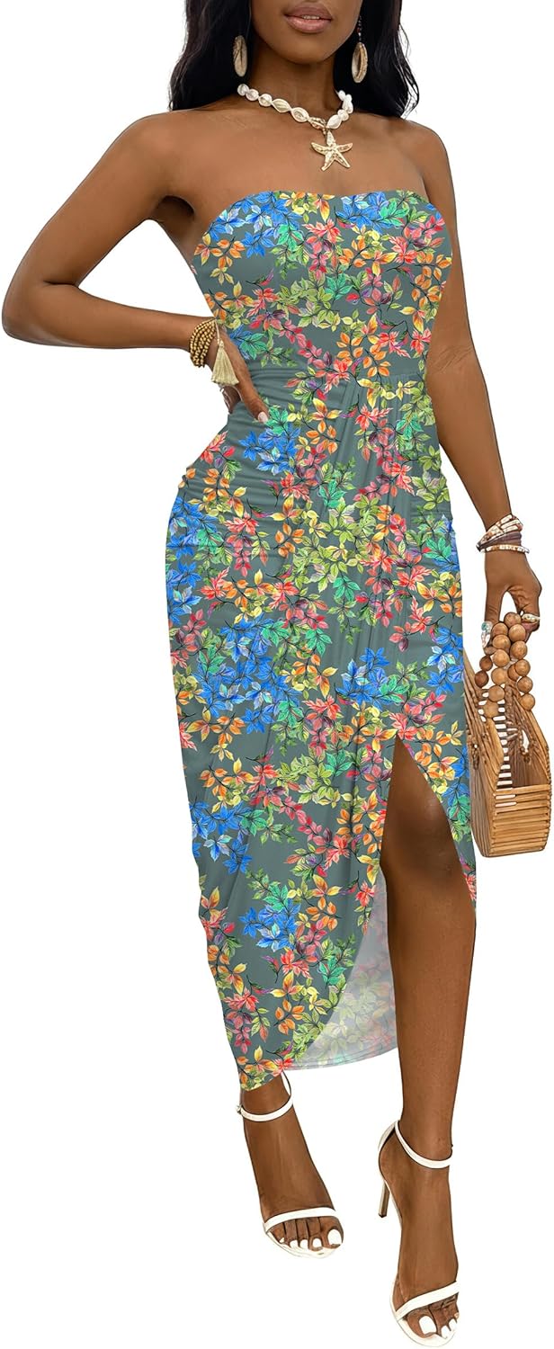 Umenlele Women's Strapless Ruched High Waist Wrap Split Asymmetrical Beach Maxi Long Dress