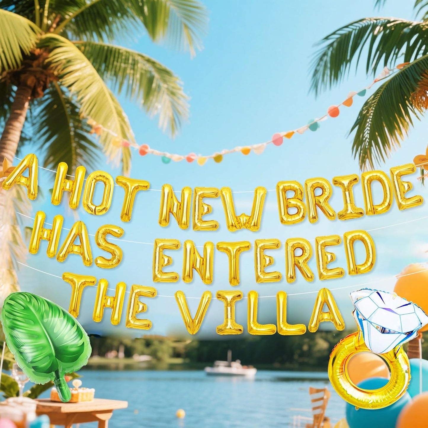 A Hot New Bride Has Entered The Villa Banner Balloons Palm Tree Ring Mylar Balloon for Love Island Themed Bachelorette Party Decorations