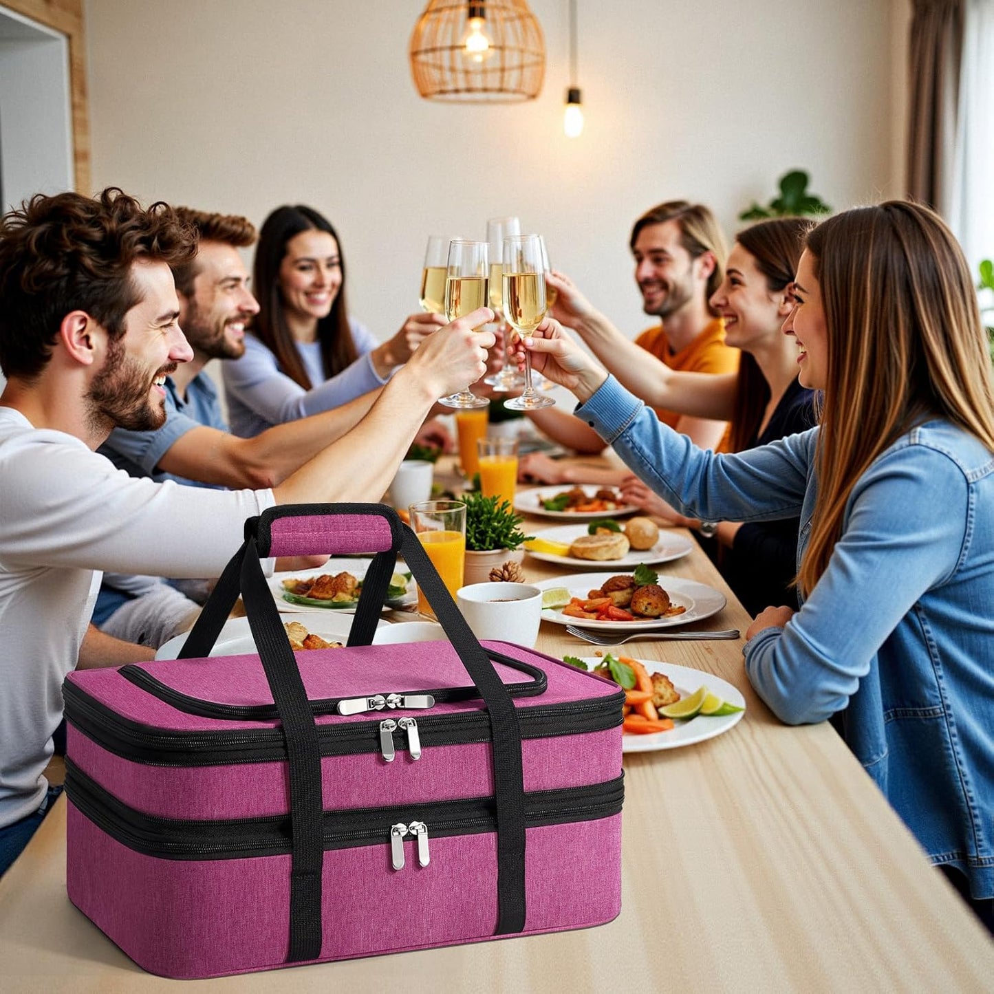Insulated Double Casserole Carrier - Portable Casserole Carriers for Hot or Cold Food Lunch Tote Warmer or Cooler Bag for Potluck Parties Picnic Cookouts, Fits 9" x 13" Baking Dish - Pink
