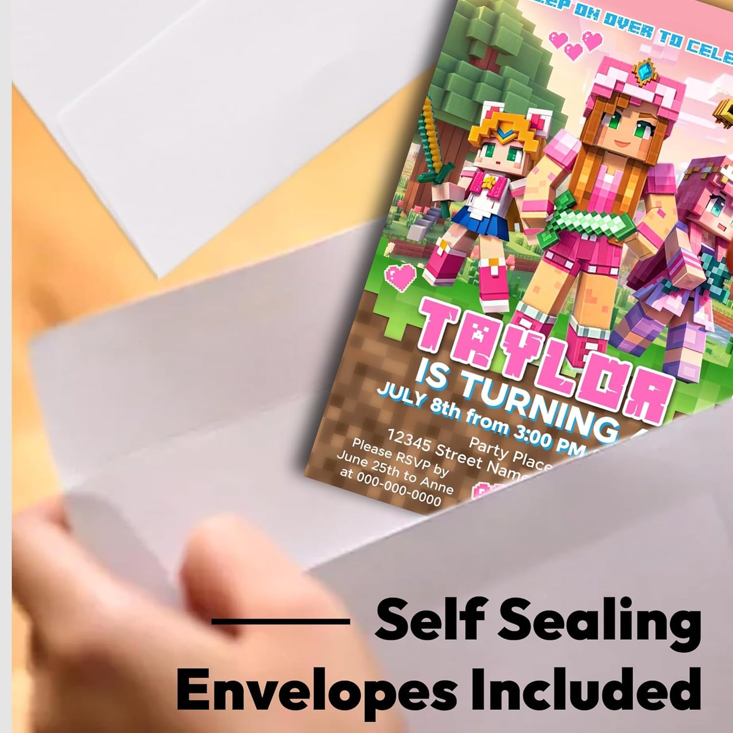 Fully Customizable minecraft Birthday Party Invitations, 4 x 6 inches, with Self-Sealing Envelopes, Gaming Theme Design, minecraft Birthday Invitations for Boys and Girls (Minecraft/Girls)