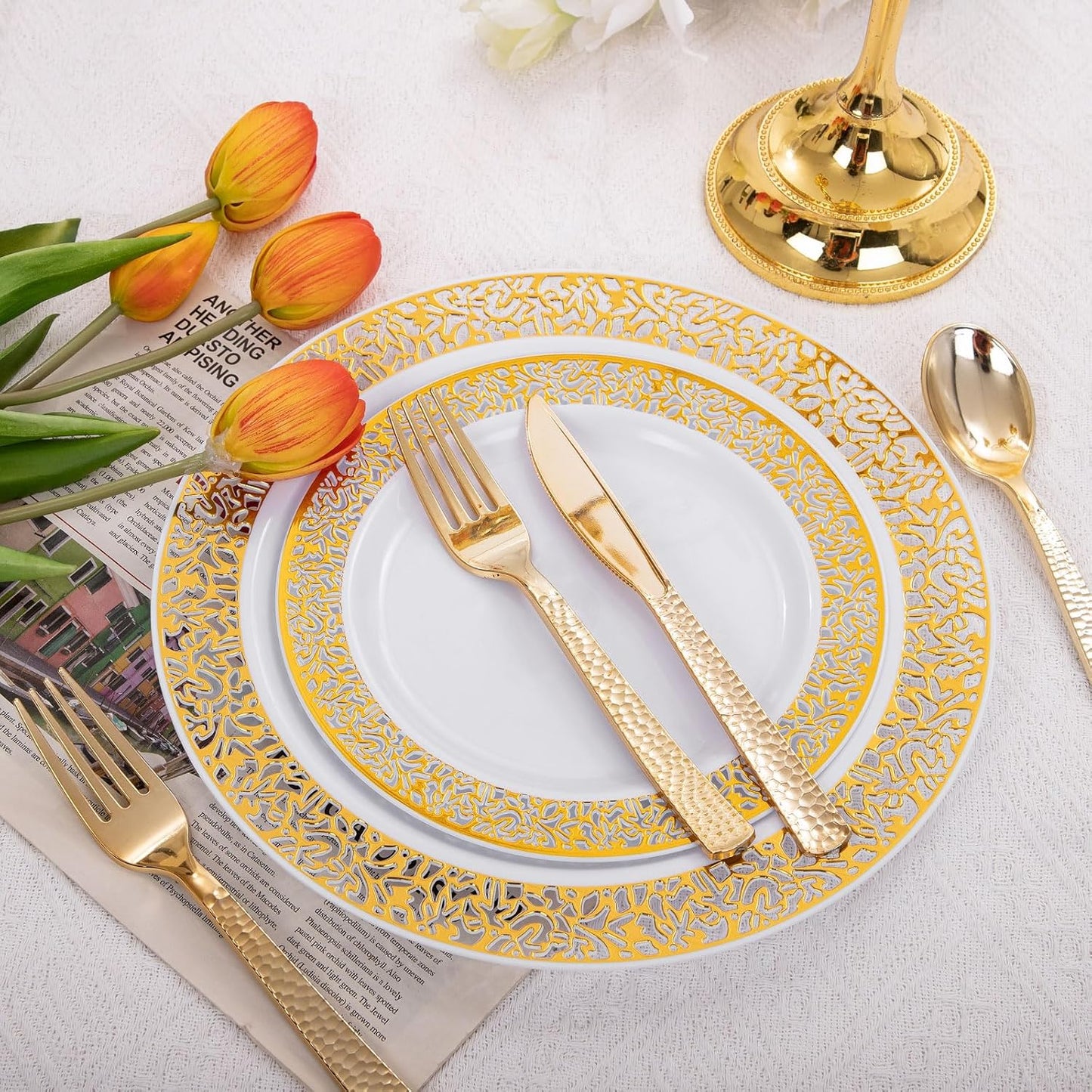 Supernal 300pcs Gold Plastic Forks,Disposable Hammered Forks,Premium Heavyweight Silverware Polished,Perfect for Big Party,Christmas Party Silverware