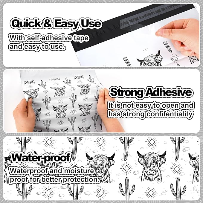 JarThenaAMCS 100Pcs Highland Cow Cactus Poly Mailers 10 x 13 Inch White Black Yak Packaging Bags Rustic Self Seal Mailing Envelope Bags for Small Business Clothing Document Gifts