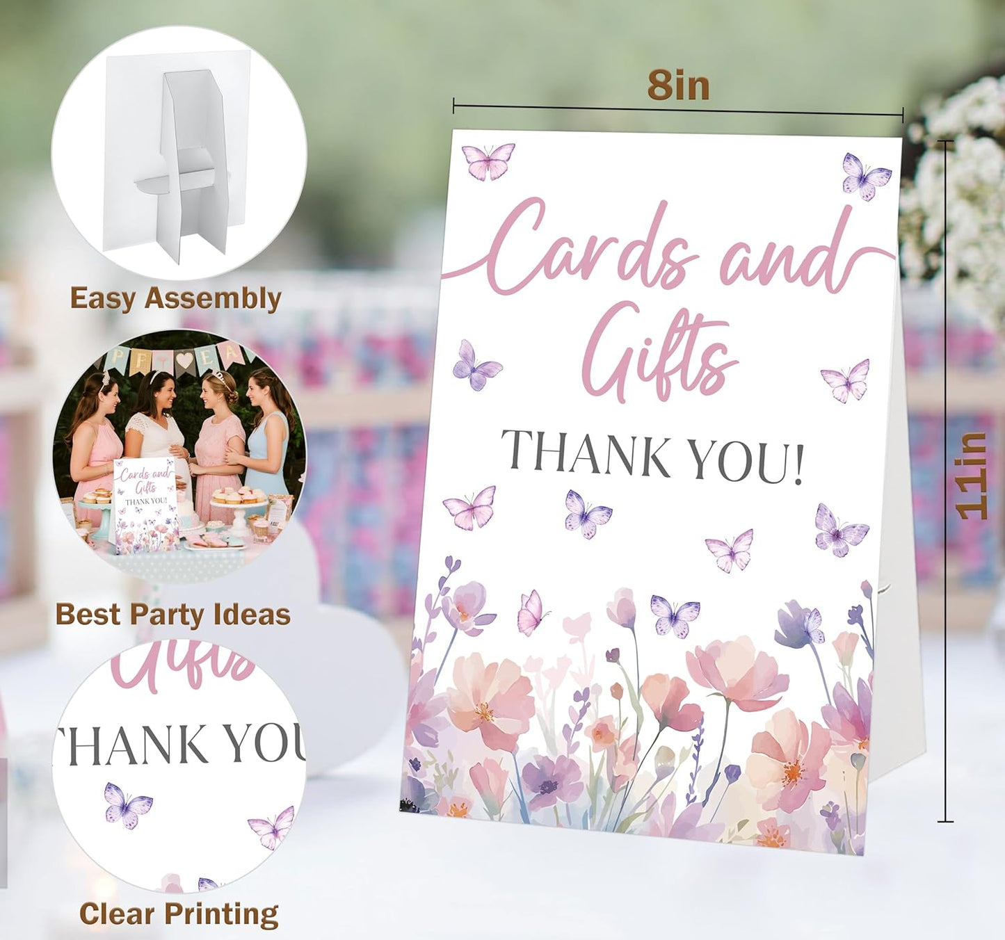Butterfly Baby Shower Tabletop Sign, Cards and Gifts, Include One 8×11 Sign with holder, Purple Butterfly Gender Reveal Party Decoration Supplies - FL30