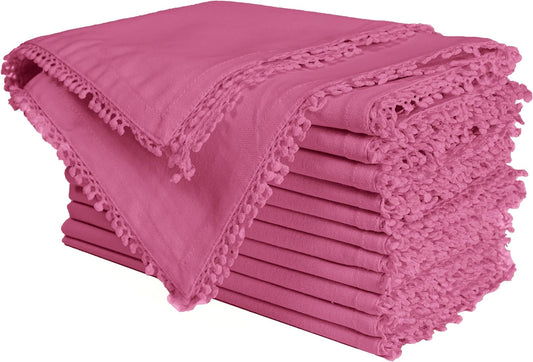 Bedding Craft Cotton Cloth Dinner Napkins Set of 12 – 18x18 Wild Orchid Pink with Decorative Lace Selvedge – Elegant Machine Washable Fabric Napkins for Weddings, Parties, Baby Showers & Table Décor