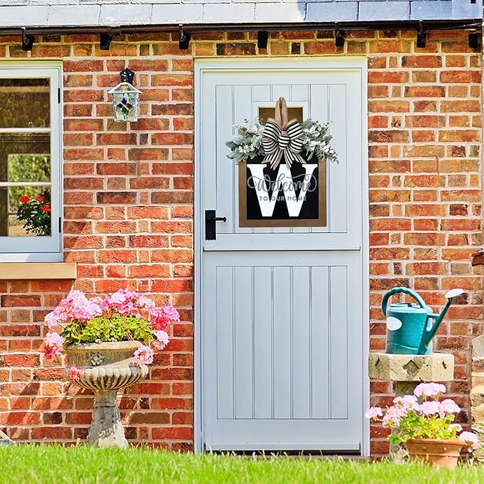 Last Name Year Round Front Door Wreath Front Porch Decoration 26 Letter Welcome Sign with Eucalyptus Garland and Bow Spring Wreaths for Front Door Outside Hanger Garland（W）