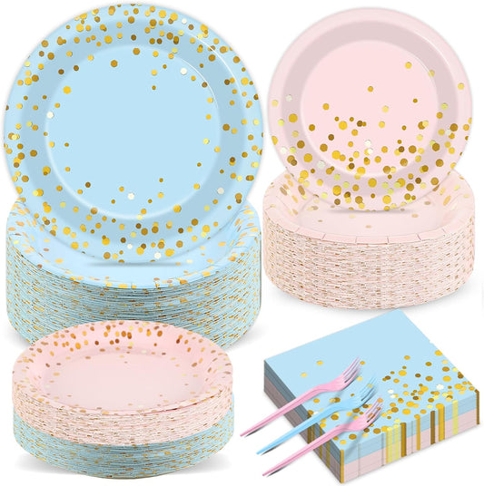 gisgfim 50 Guests Gender Reveal Party Supplies Baby Shower Party Tableware Gender Reveal Plates and Napkins Plastic Forks Boys Girls Blue and Pink Paper Plates for Baby Shower Wedding Birthday 200PCS