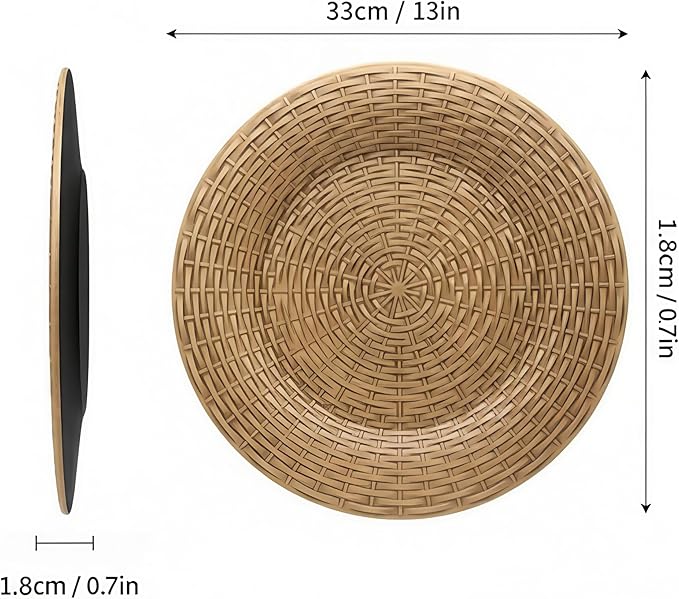 Rattan Chargers for Dinner Plates, 13" Antique Gold Charger Plates, Set of 6 Round Plastic Woven Texture Matte Finish for Wedding & Party (513BR)