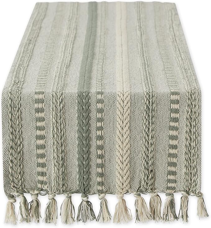 DII Farmhouse Braided Stripe Table Runner Collection, 15x108 (15x113, Fringe Included), Artichoke Green