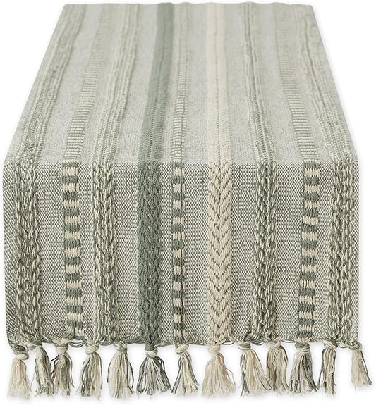 DII Farmhouse Braided Stripe Table Runner Collection, 15x108 (15x113, Fringe Included), Artichoke Green