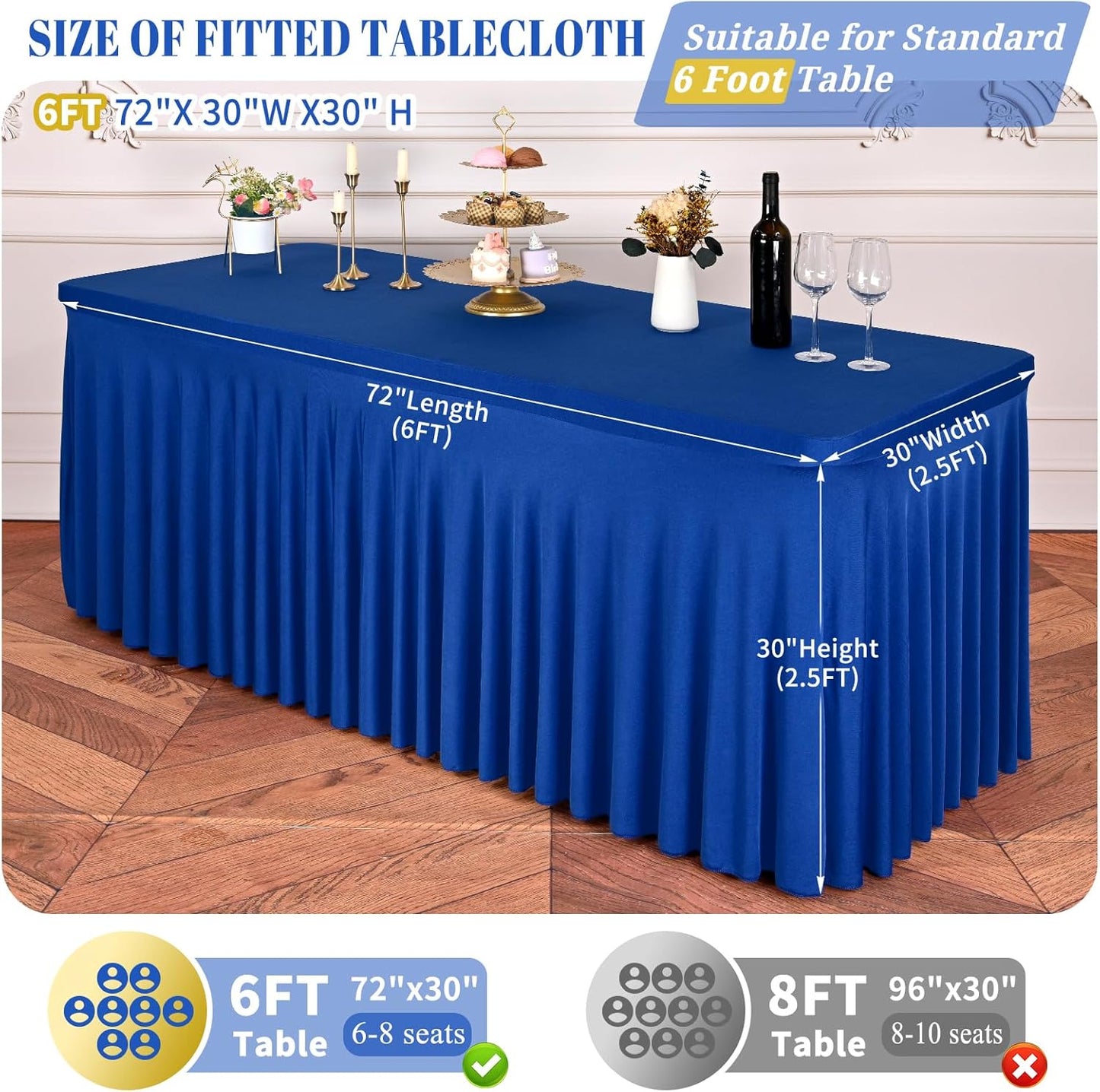2 Packs Royal Blue Stretch Table Skirts for 6 Foot Rectangle Table, Washable Spandex Stretch Tablecloths with Skirt, Wrinkle Resistant Fitted Tablecover for Wedding Party Banquet