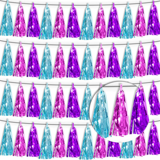 4P Lake Blue Purple-Hot Pink Tassel Banner Garland Metallic Foil Fringe Banner Tinsel Tassels Streamer Banner Backdrop for Parade Floats,Graduation Decorations, Wedding Party Decoration