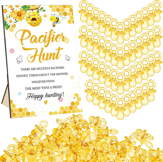 Thyle 51 Pcs Pacifier Hunt Baby Shower Games Include Hunt Sign and 50 Acrylic Pacifiers for Baby Shower Game Decoration Gift Sets Gender Reveal Party Decor(Bee)