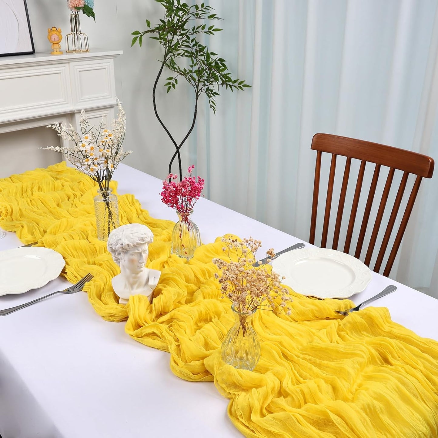 12 Pack 10FT Lemon Yellow Cheesecloth Table Runner 35x120 Inch Gauze Rustic Boho Table Runner Cheese Cloth for Wedding Decor Birthday Party Bridal Baby Shower Table Centerpiece Decoration
