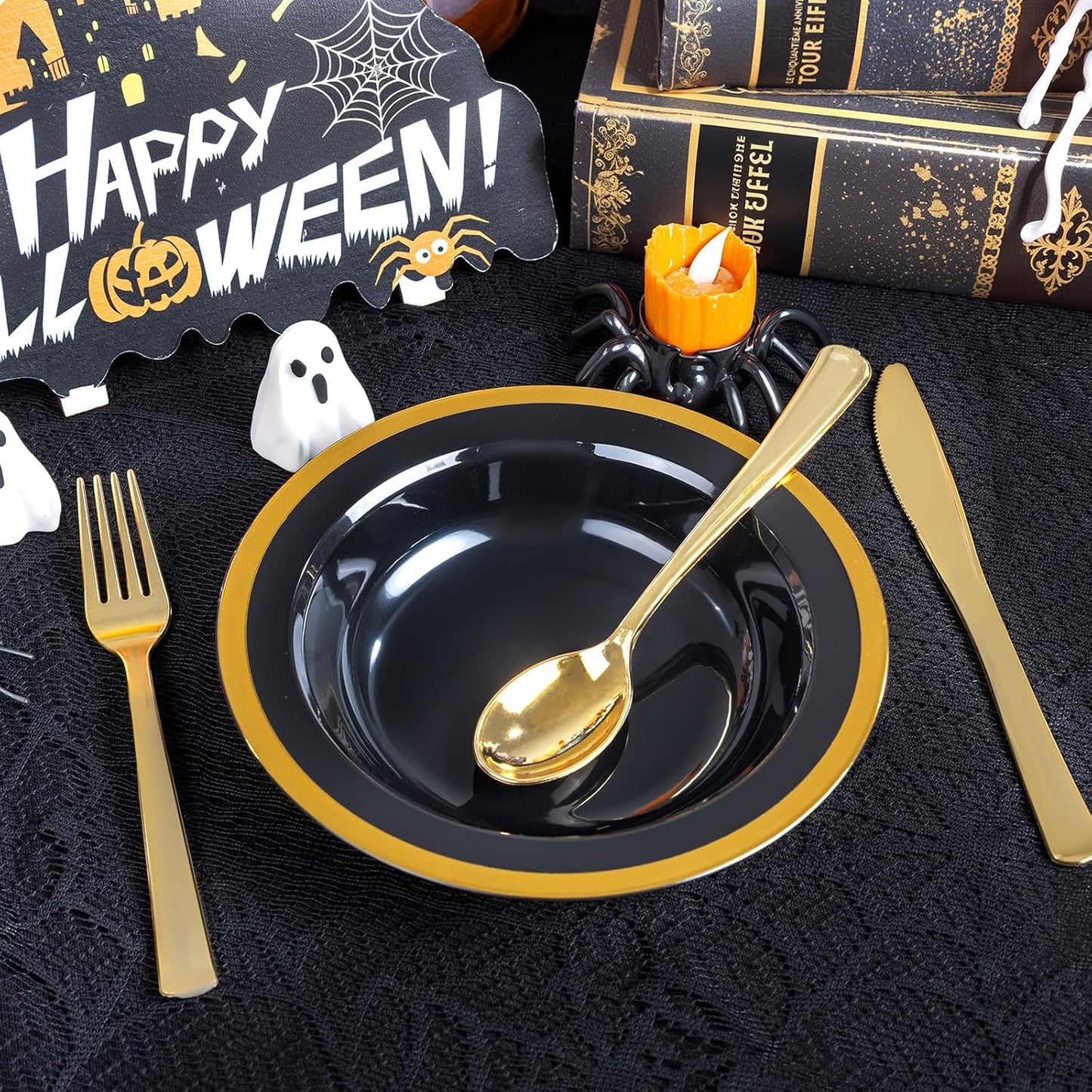 Liacere 60Pcs Black Plastic Bowls - Disposable Black and Gold Dessert Bowls - 12OZ Premium Plastic Soup Bowls for Wedding &Halloween