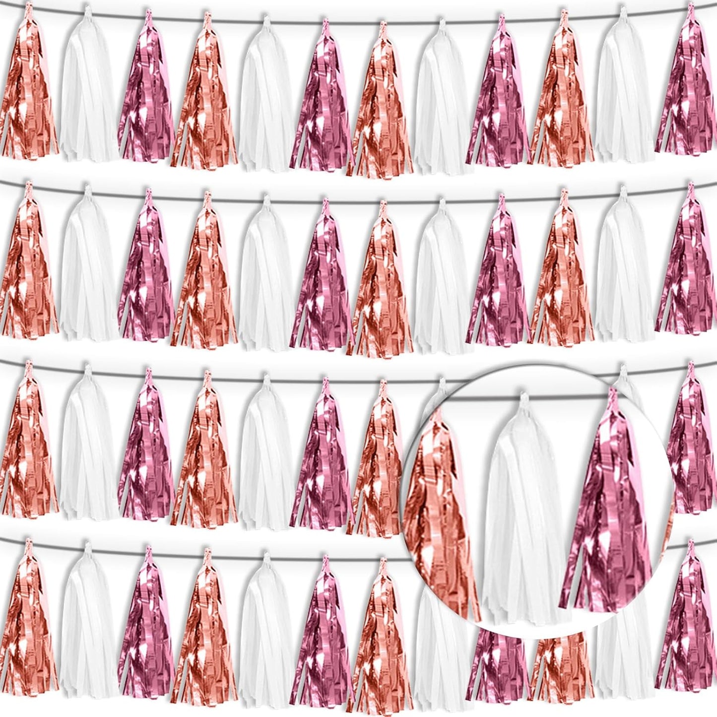 4P Rose-Gold Pink White Tassel Banner Garland Metallic Foil Fringe Banner Tinsel Tassels Streamer Banner Backdrop for Parade Floats, Graduation 2025, Wedding, Birthday, Retirement Party Decorations