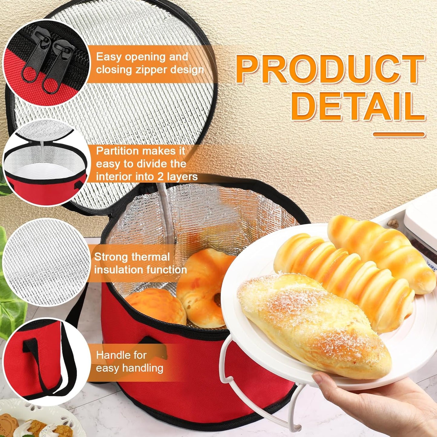 Yaomiao 2 Sets Round Pie Carrier 11 x 7 Inch with Dish Tray Plate Stacker Insulated Casserole Carrier with Lid and Handle Reusable Cooler Thermal Bags for Cold Food for Potluck Picnic (Red)