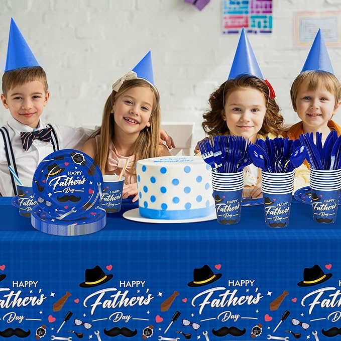 Childom Fathers Day Decorations for Party,132 Pcs Disposable Fathers Day Plates Tablecloth Cups Knives Spoons Forks for Party Supplies,Plates Tableware for Dads Birthday,Home,Brunch,Dinner,Serves 26