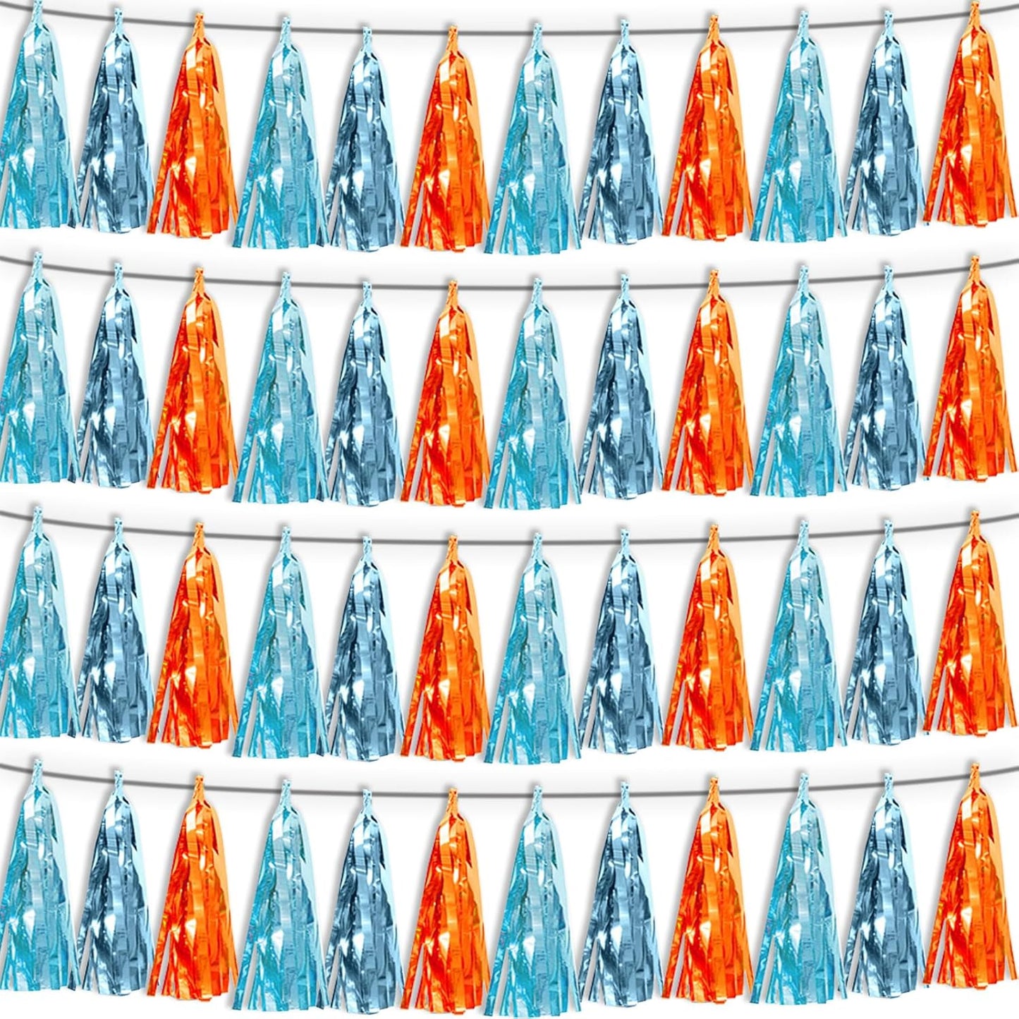 4P Lake Blue Light Blue-Orange Tassel Banner Garland Metallic Foil Fringe Banner Tinsel Tassels Streamer Banner Backdrop for Parade Floats,Graduation Decorations, Wedding Party Decoration