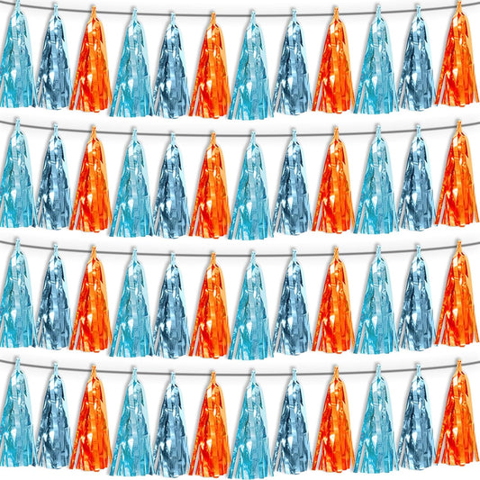 4P Lake Blue Light Blue-Orange Tassel Banner Garland Metallic Foil Fringe Banner Tinsel Tassels Streamer Banner Backdrop for Parade Floats,Graduation Decorations, Wedding Party Decoration