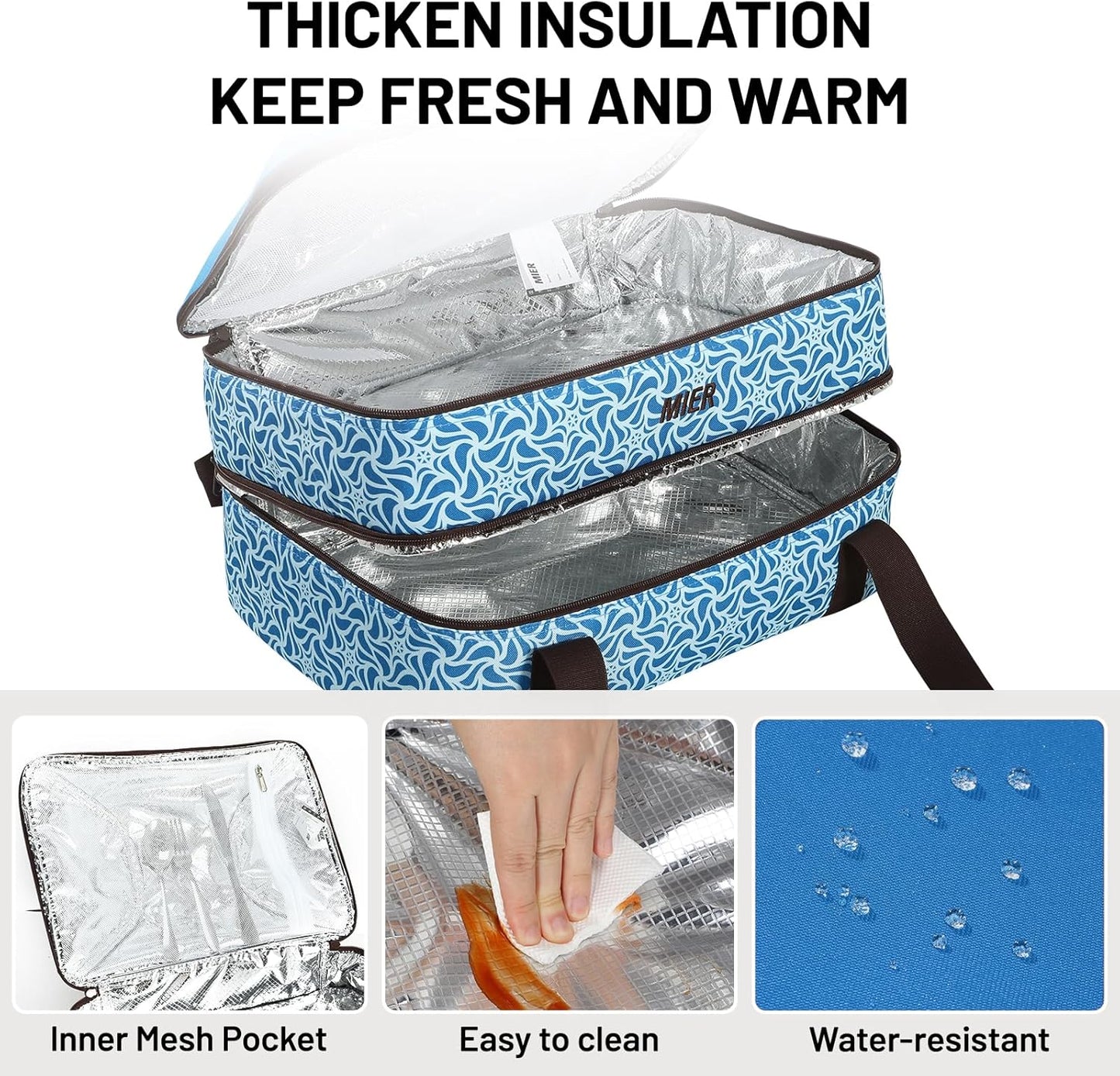 MIER Insulated Casserole Carrier Fits 9"x13" Baking Dishes/Foil Pans, Double Food Carriers Bag Thermal Holder for Hot or Cold Food Lasagna Lugger Potluck Parties Picnic Travel, Blue