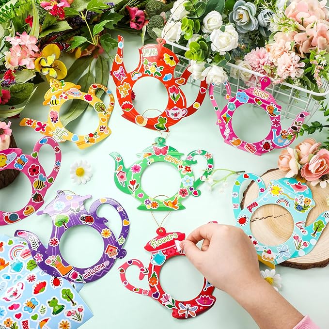 Jetec 48 Sets Spring Tea Pot Picture Frames Craft Kit DIY Photo Frames Sticker Craft Make Your Own Paper Picture Frame for Home Activities Party Favors Decorations(Vivid Color)