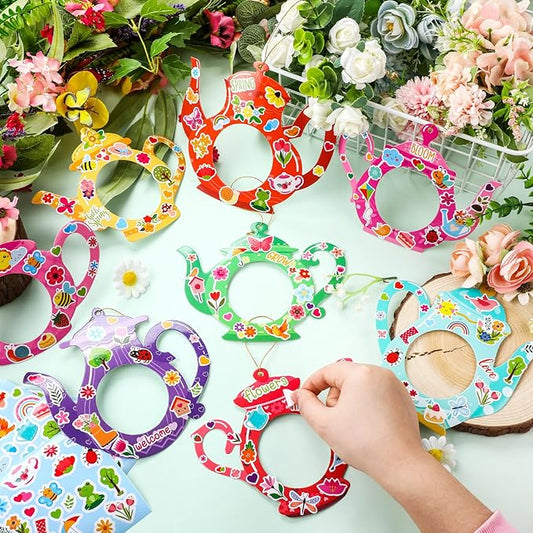 Jetec 48 Sets Spring Tea Pot Picture Frames Craft Kit DIY Photo Frames Sticker Craft Make Your Own Paper Picture Frame for Home Activities Party Favors Decorations(Vivid Color)