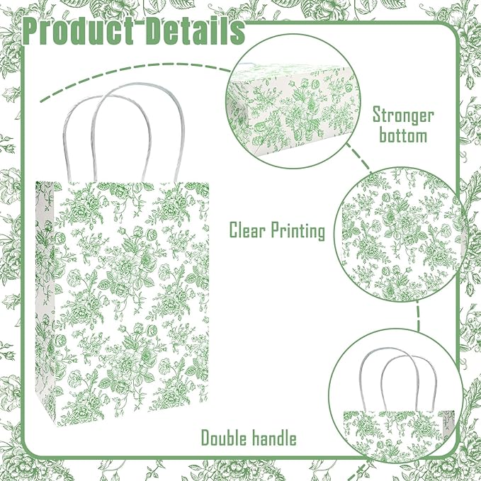 JarThenaAMCS 24Pcs Sage Green Floral Paper Gift Bag Vintage Flower Treat Bags with Handles Chinoiserie Candy Goodie Packaging Bags for Birthday Wedding Party Favors Supplies