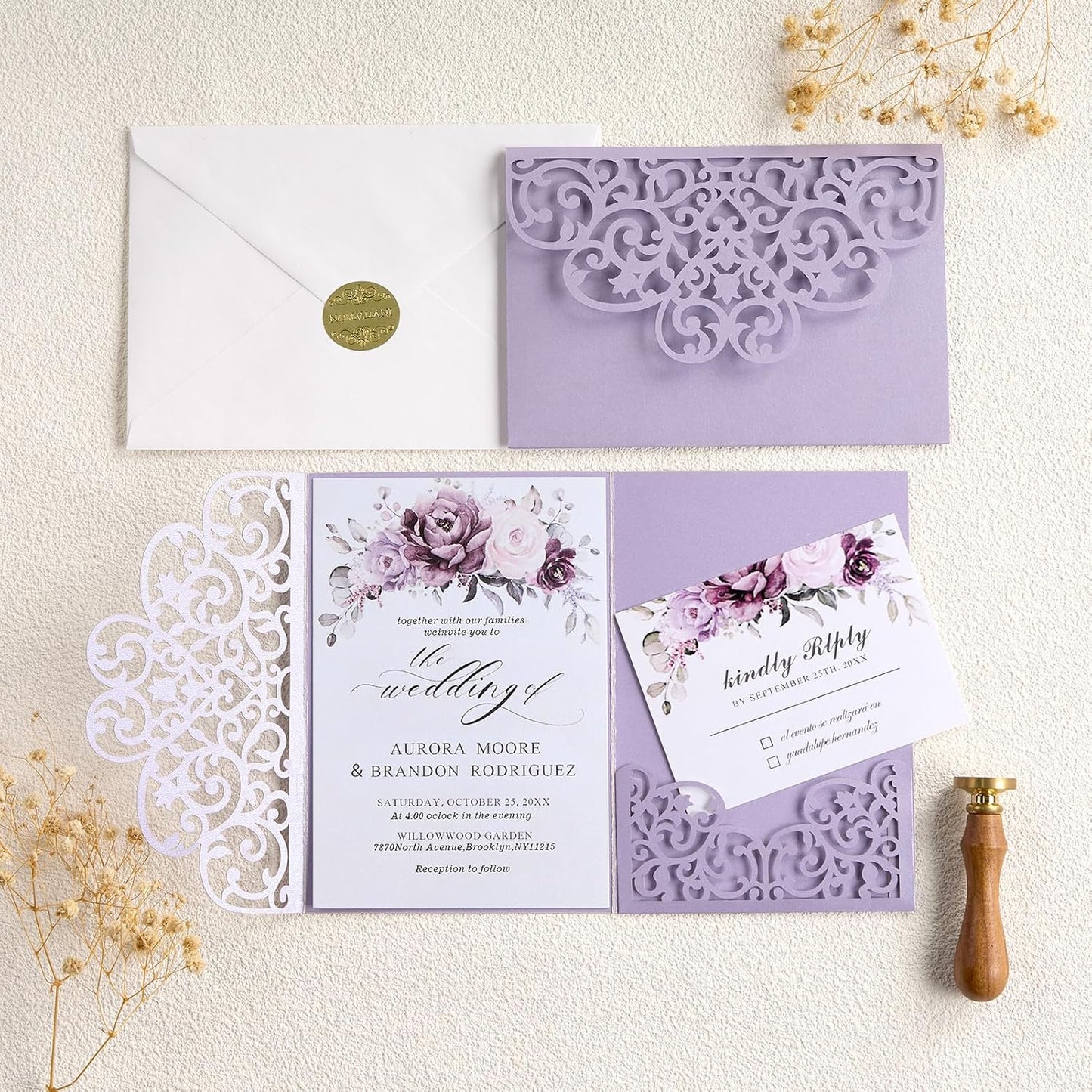 50 pcs Purple Wedding Invitations 5×7 Personalized Invitations with Envelopes and RSVP Cards Blank Birthday Invitations Laser Cut Hollow Out Invitation Kits for Engagement Sweet 16 Quinceanera Bridal Shower