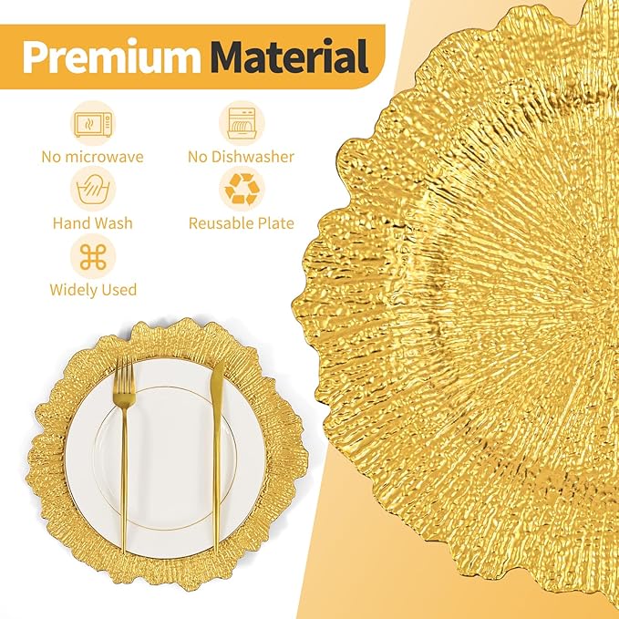 Teruntrue 50 Pcs Gold Charger Plates Bulk 13 Inch Plastic Charger Plates for Dinner Plate, Gold Chargers for Table Setting, Reef Design Plate Floral Decorative Round Chargers for Wedding Party, Event