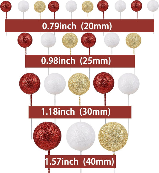 30Pcs Balls Cake Topper Glitter Foam Ball Cake Picks Faux Pearl Ball Shaped Cupcake Insert Cake Topper for Baby Shower Wedding Anniversary Birthday Graduation Party Decorations Gold White Red