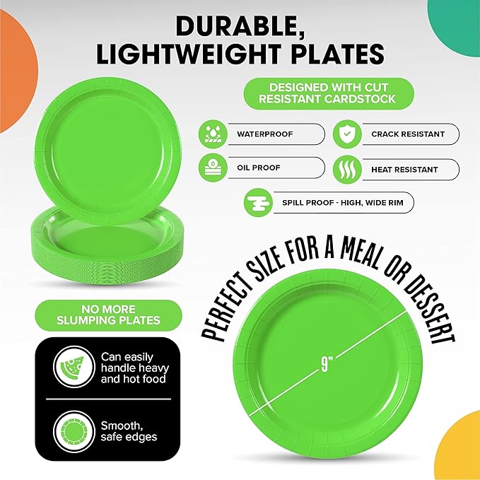 Exquisite Party Solids Lime Green Paper Plates Disposable Heavy Duty 9 Inch Lime Green Disposable Plates For Party 100 Pcs Heavy Duty 350 GSM, Birthday Supplies