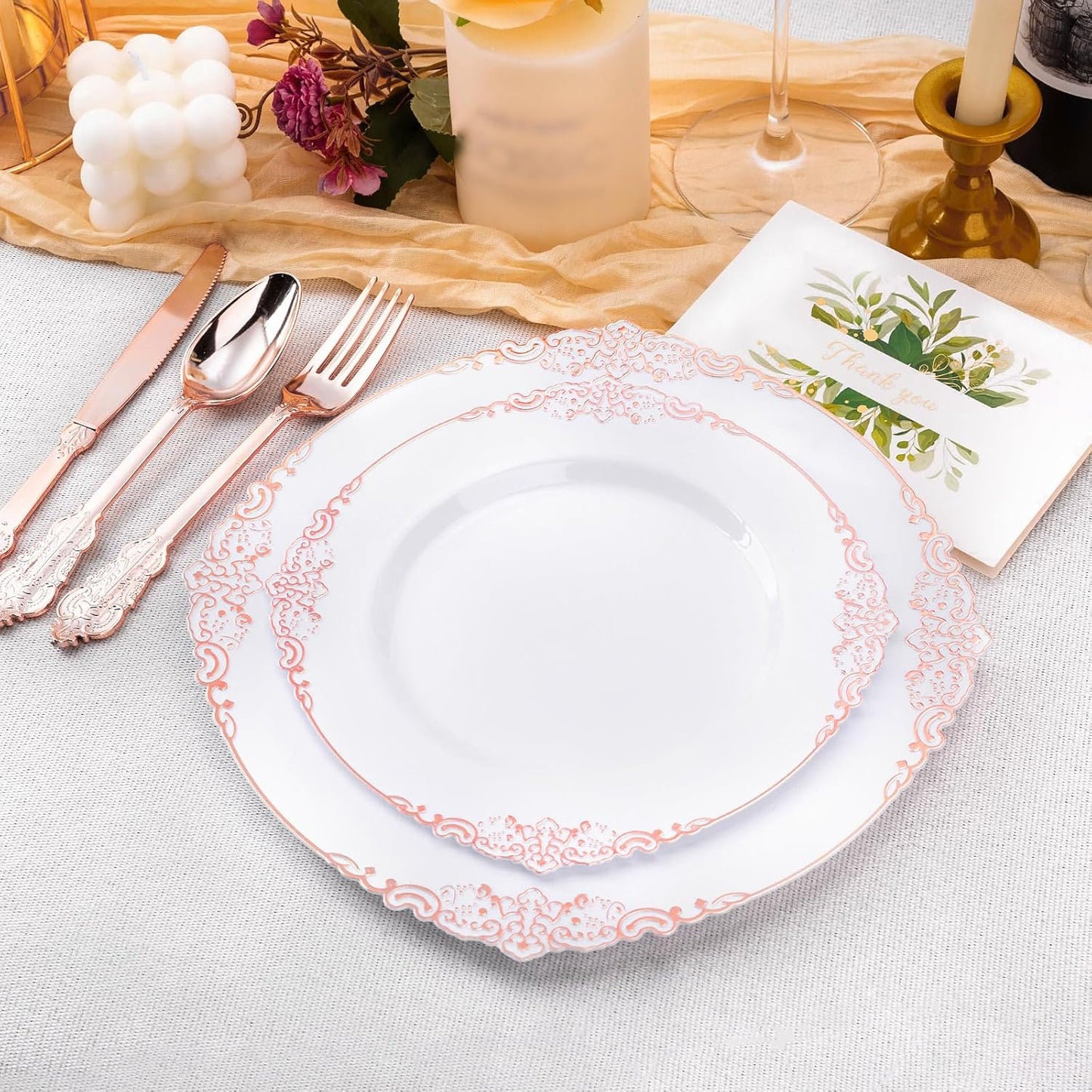 100 PCS White and Rose Gold Plastic Plates for 50 Guests, Rose Gold Disposable Plates Include 50 PCS Dinner Plates, 50 PCS Dessert Plates for Party, Wedding and Baby Shower