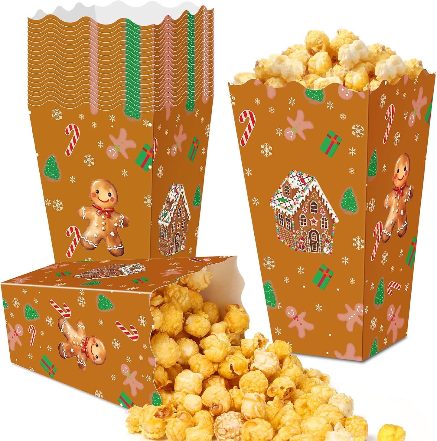Faccito 24 Pcs Christmas Popcorn Boxes Brown Gingerbread Popcorn Boxes Christmas Paper Snow House Buckets Snack Containers Holiday Case for Xmas Party Gingerbread House Party Favors Supplies