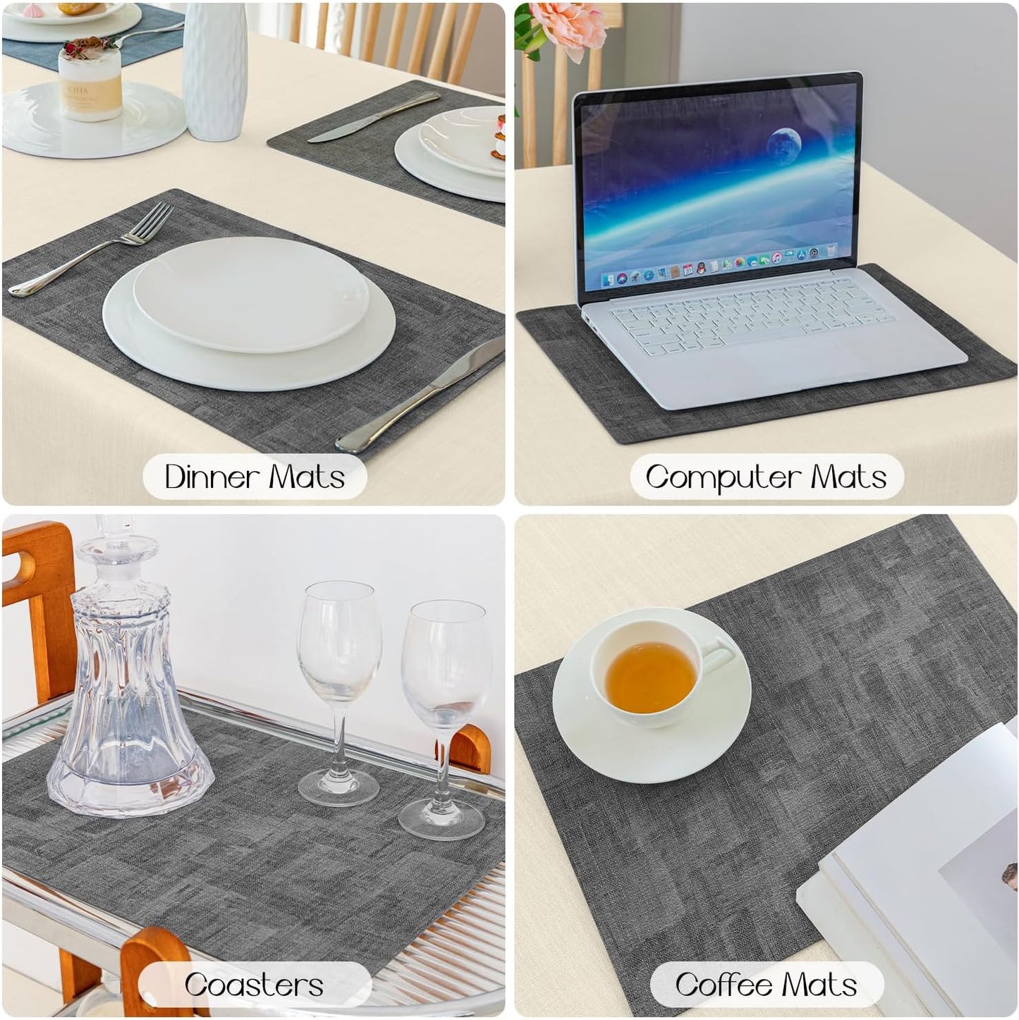 Romanstile Vinyl Placemats Set of 8-12 x 17 Inch - Heat Resistant Place Mats 100% Waterproof Oilproof Wipeable Reversible Faux Leather Table Mats for Kitchen/Dining/Party/Holiday, Dark Grey