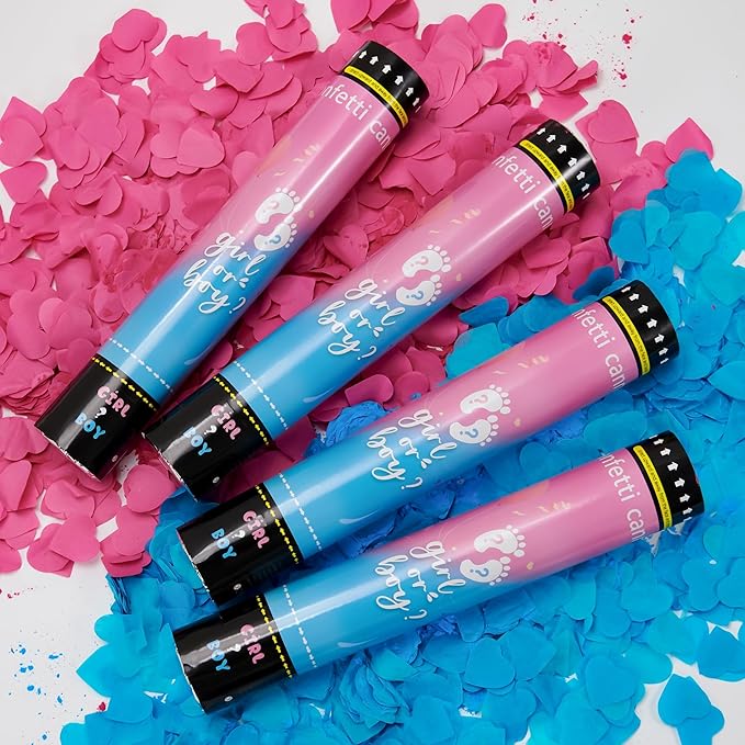 Crisky Gender Reveal Confetti Cannon Heart Shaped Confetti Poppers 2 Pink 2 Blue Baby Shower Baptism Party Cannons Shooter Blaster