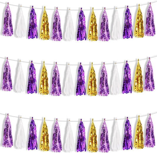 BEISHIDA 3 Packs Purple Gold White Metallic Foil Fringe Tassel Garland, Tassels Banner Streamers for Car Floats Bridal/Baby Shower Birthday Wedding Halloween Christmas Holiday Party Decoration