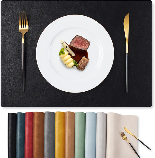 MOSAYT Vinyl Placemats Set of 6-12 X 17 Inch - Faux Leather 100% Waterproof Oil-Proof Wipeable PU Place Mats, Heat Resistant Reversible Table Mats for Kitchen, Dining, Outdoor (Black)