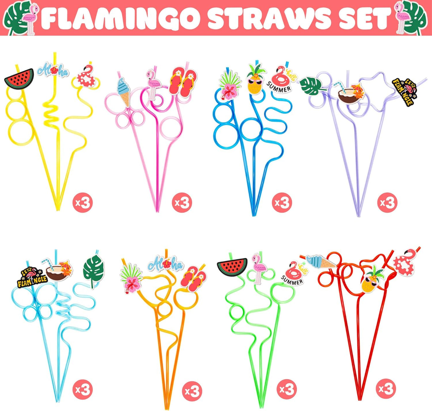 24 PCS Summer Flamingo Drinking Crazy Straws for Kids Summer Themed Flamingo Birthday Party Supplies Favors Decorations with 24 PVC Charm, 2 Cleaning Brushes Reusable Straw