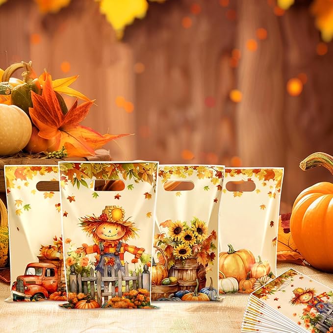 Fall Thanksgiving Treat Bags, 60 PCS Fall Thanksgiving Gift Bags with Handles, 9.8x6.5 Inch Plastic Maple Leaf Pumpkin Scarecrow Candy Goodie Cookies Bag for Falls Autumn Haverst Party Favor Supplies