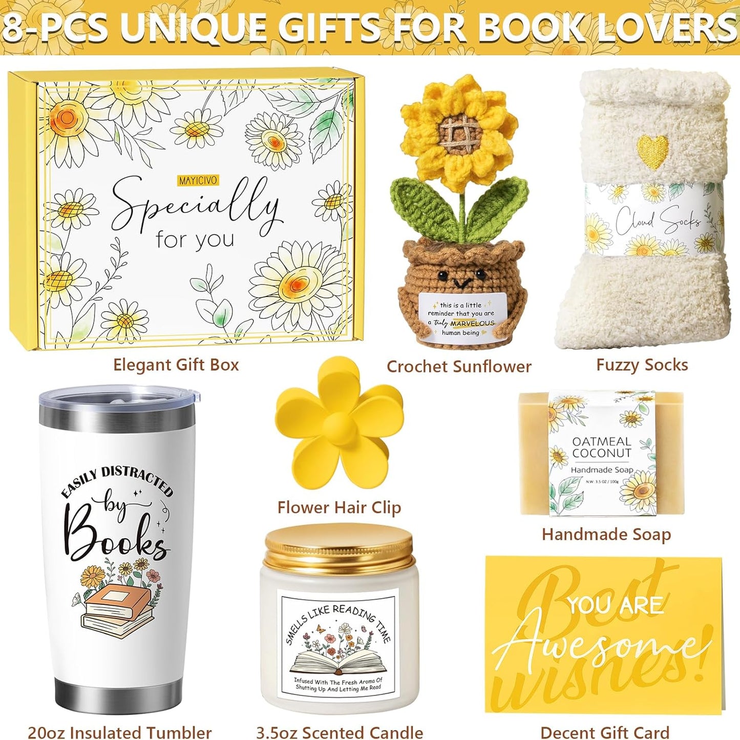 Book Lovers Gifts for Women Bookish Gifts, Book Club Reading Gift for Readers, Sunflower Christmas Birthday Gift Books Theme Item Reading Accessories for Books Lovers Women Friend Bookworm Librarian